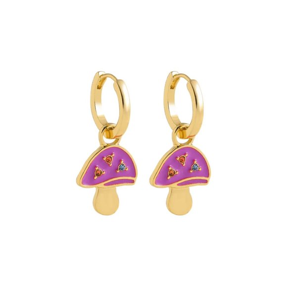 Gold & Purple Enamel Mushroom Rhinestone Huggie Dangle Earrings NEW - Picture 3 of 8